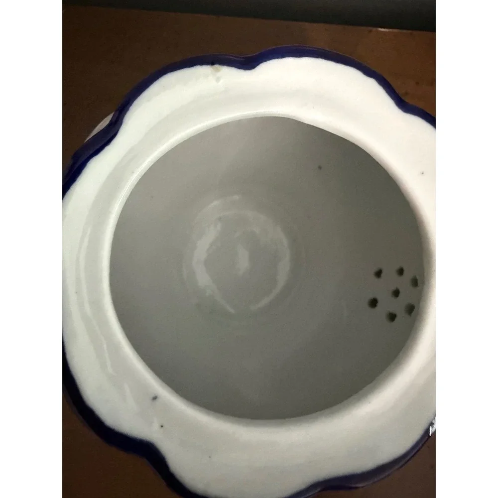 Vintage White Ceramic Teapot Blue Floral Hand Painted Cottagecore Tea Pot Lid